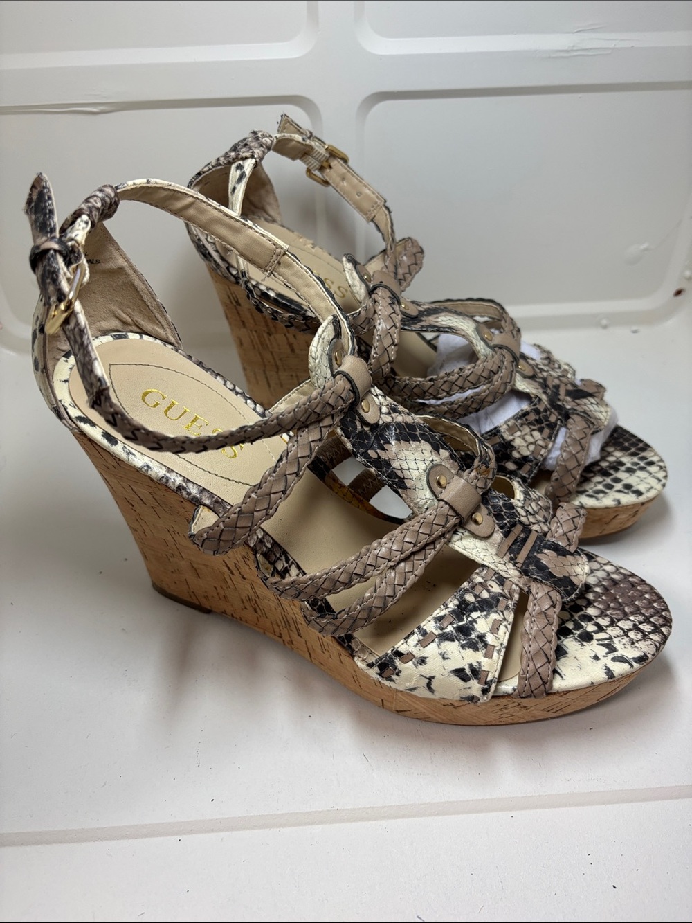 GUESS Snake-Print Braided Cork Wedge Sandals in Beige and Black